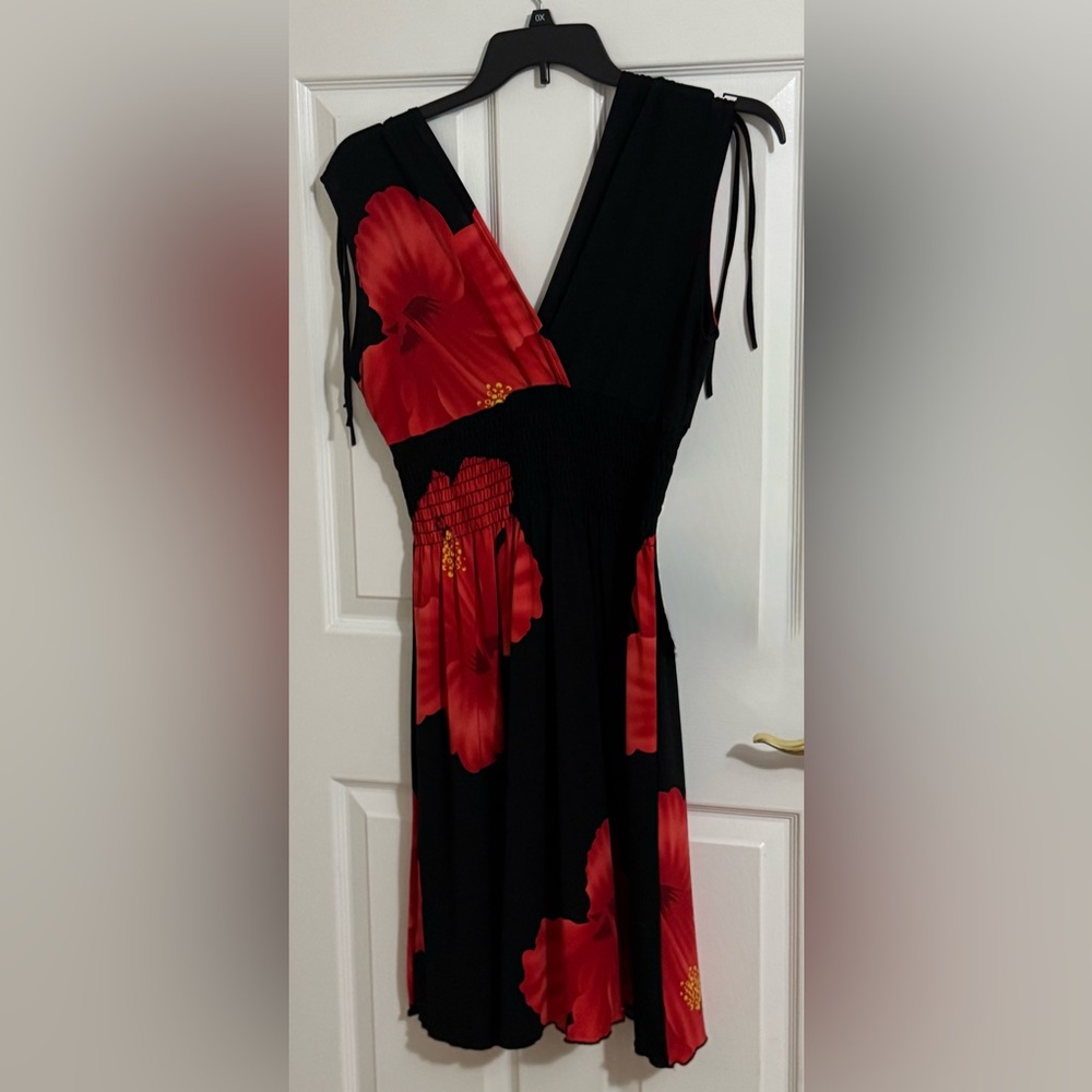 Pure Collection Black Maxi Dress with Red Floral Hawaiian Design